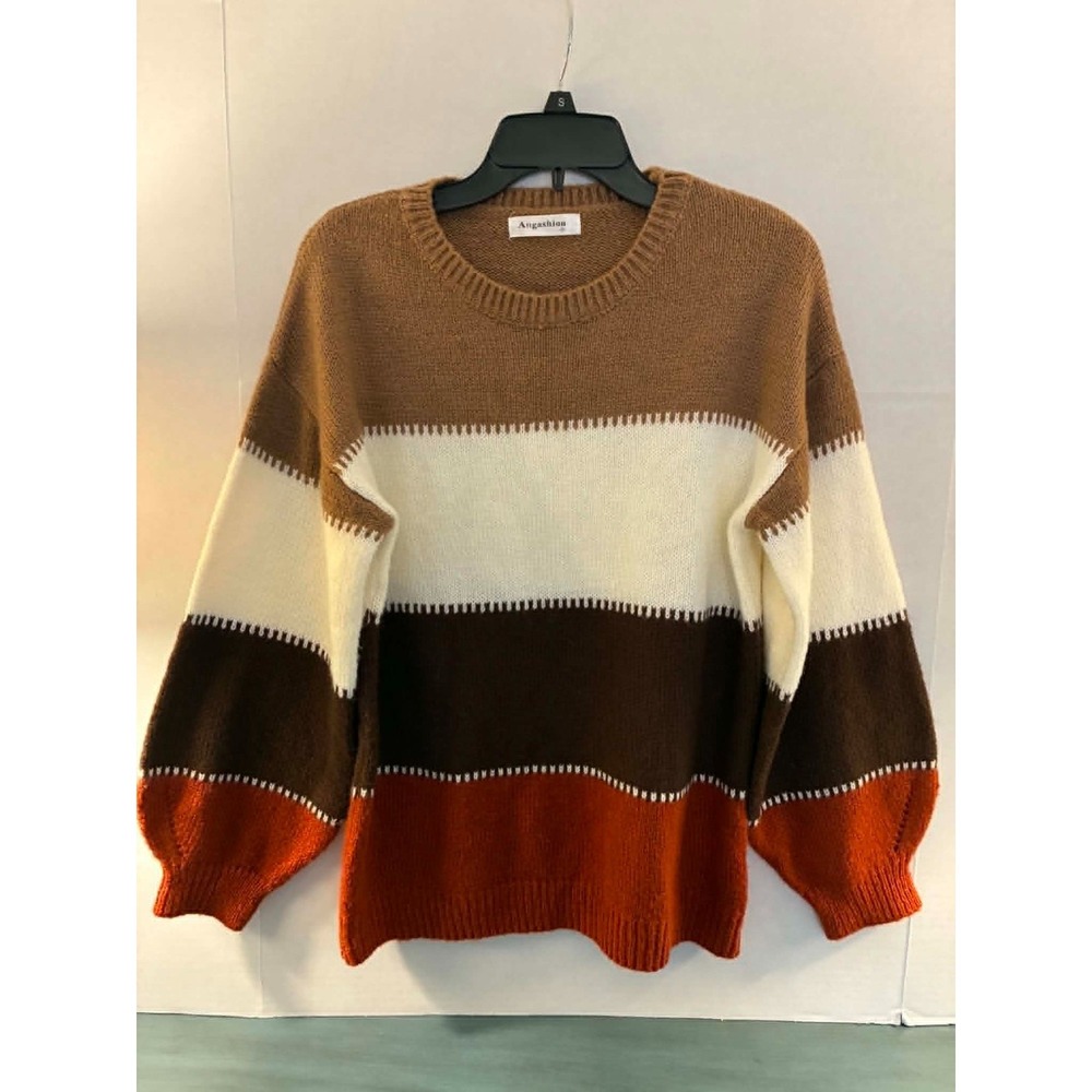 Angashion Womens Small Colorblock Sweater Brown Cream Orange Balloon Sleeve Cozy